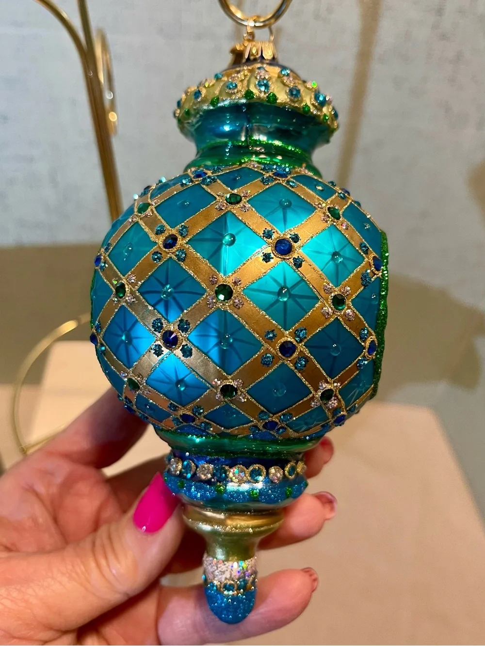 VINTAGE REED & BARTON EUROPEAN HANDCRAFTED Teal & Gold Glass Ornament RARE FIND